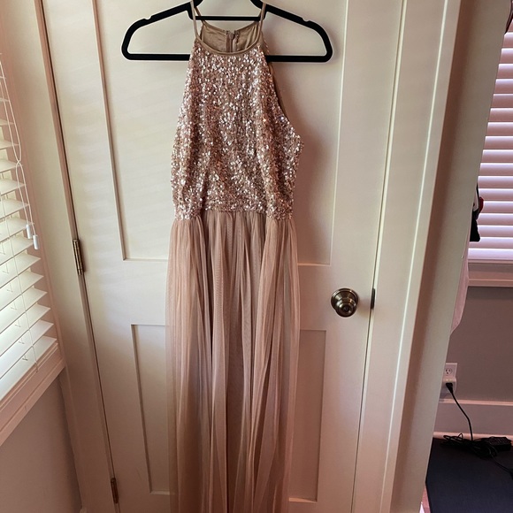 maya deluxe high neck delicate sequin midi dress